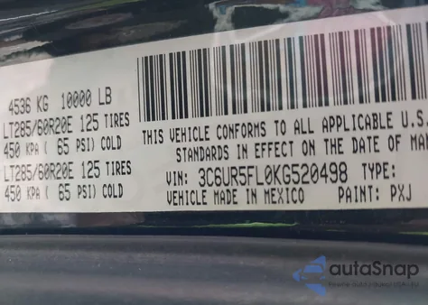 2019 Ram 2500 Laramie 4X4 6'4 Box z USA, uszkodzony, nr VIN 3C6UR5FL0KG520498